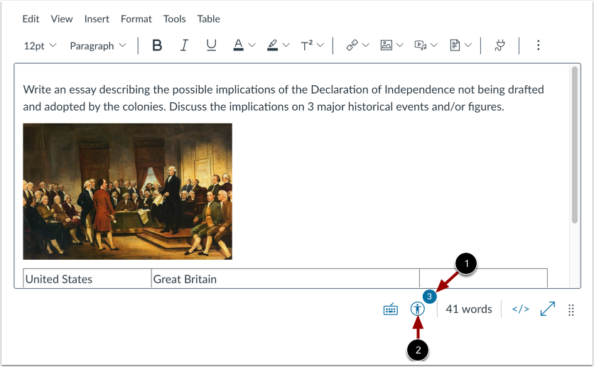 The Accessibility Checker icon is shown at the bottom of a Quercus page. The first icon is a number that shows how many errors are flagged. The second image is an icon of a stylized body with arms spread out in the style of Leonardo da Vinci's Vetruvian Man. Selecting that icon will open a sidebar of the Accessibility features to be fixed.