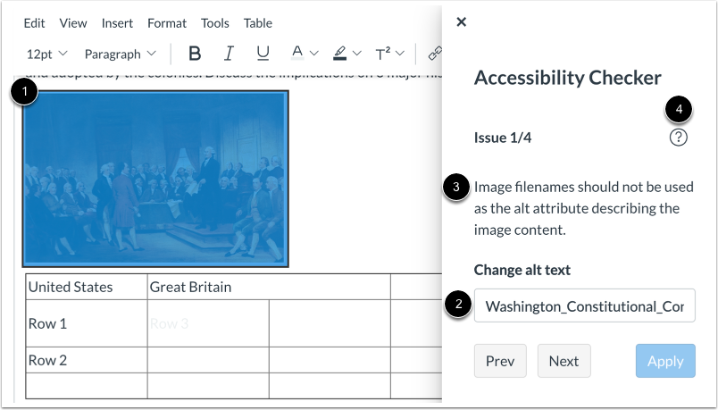 Example of an accessibility issue that needs fixing. In this case, the checker is prompting to add an Alt Tag that is not the file name. Once a new Alt Tag is added, select the Apply button. The user can also use Prev and Next buttons to scroll between flagged issues.