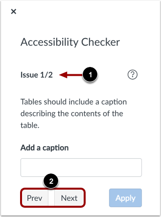 The first of two accessibility issues that are flagged. (1) The user can scroll between flagged issues by using Prev and Next buttons. (2)