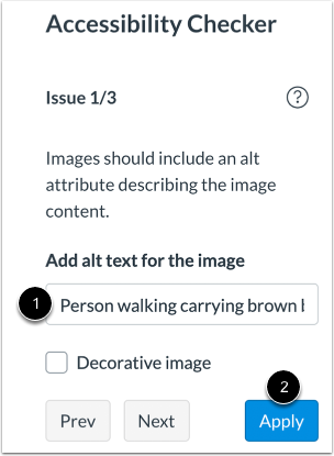 After alt text is added to the Accessibility Checker pane (1) select the Apply button (2) to apply the change.