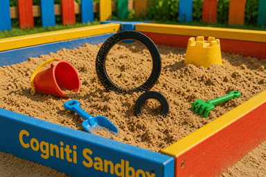 AI Generated image of the Cogniti logo playing in a kid's sandbox