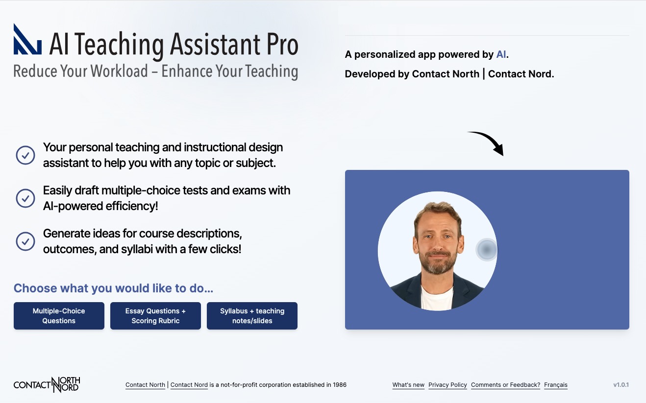 teaching and instructional design assistant to help you with any topic or subject. Easily draft multiple-choice tests and exams with AI-powered efficiency! Generate ideas for course descriptions, outcomes, and syllabi with a few clicks! 