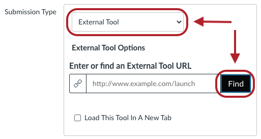 Select Submission Type of External Tool and then select Find External Tool URL