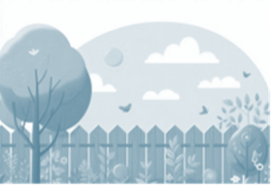 A stylized illustration of a garden scene with a tree, plants, a fenced-in area, and birds flying in the sky with clouds.
