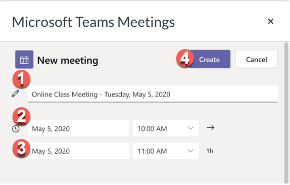 MS Teams Meeting - Set date and time and select Create button