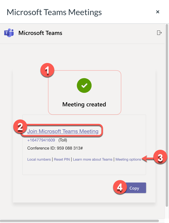 MS Teams Meeting - confirmation checkmark and link to meeting that can be copied