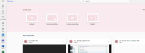 Opening screen for MS Stream (on SharePoint) with 4 ways to create new videos.