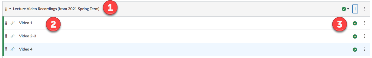 Modules with external video links and 3-dot menu for editing