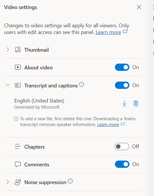 Video Settings within OneDrive. Transcript and captions slider is turned to the On position.