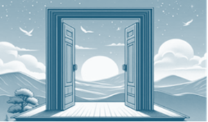 Open double doors revealing a serene mountain landscape with a sunrise, birds in the sky, and clouds.