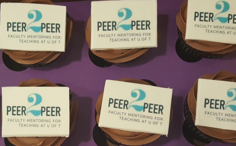 6 chocolate cupcakes with signs, Peer-to-Peer Faculty Mentoring for Teaching at U of T