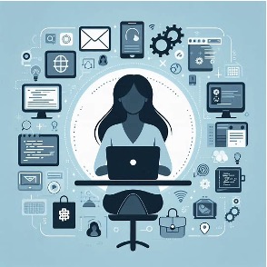 Illustration of a person seated at a desk using a laptop, surrounded by various digital icons representing emails, gears, documents, and other technology-related elements.