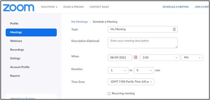 Set up a Zoom Meeting from Meeting Tab