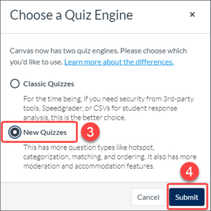 Choose quiz engine and submit