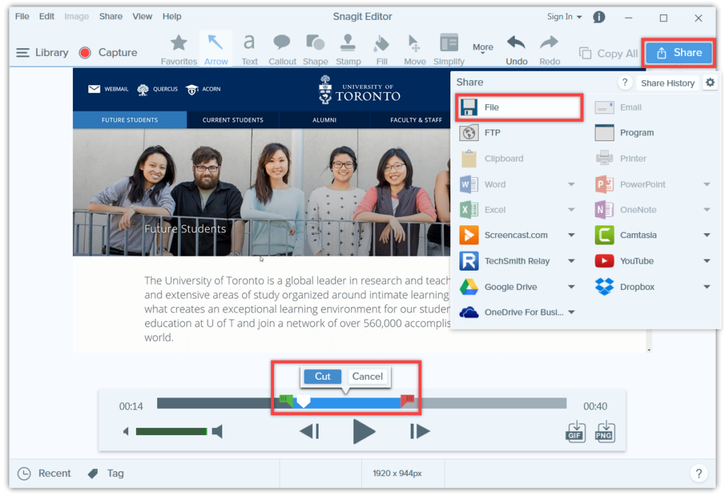 Select Share button at the top right and select File to save the recording to your computer
